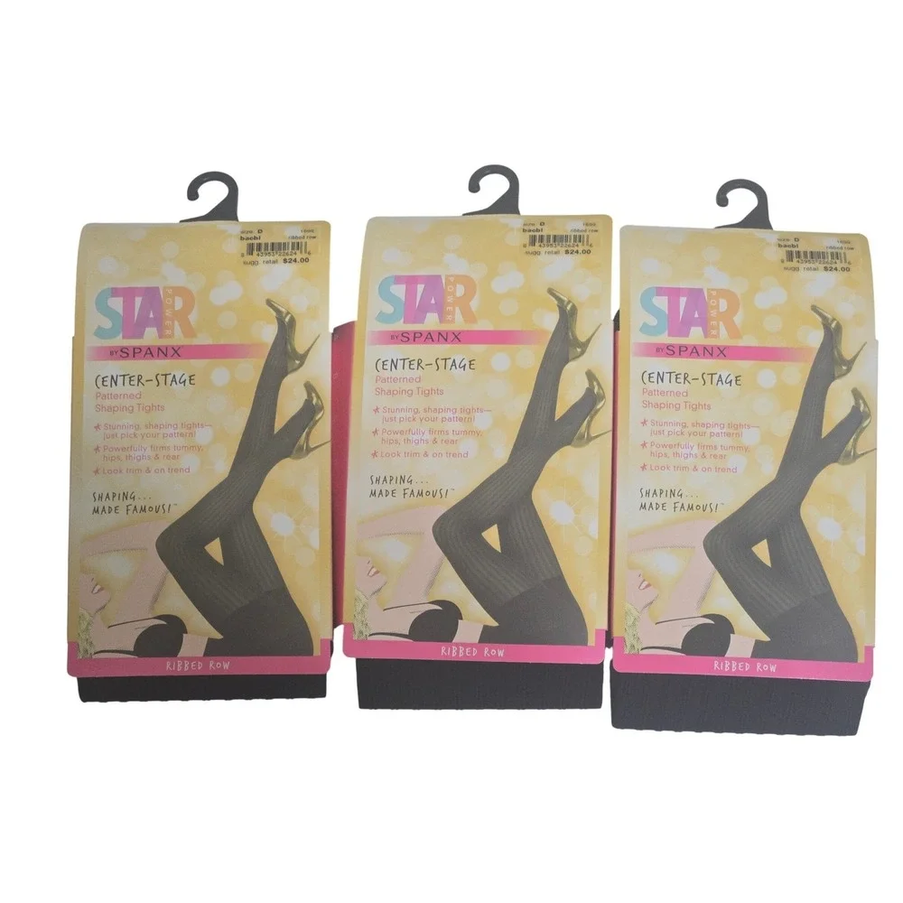 3 Pack Star Power by Spanx Center-Stage‎ Ribbed Row Shaping Tights Black Size D
